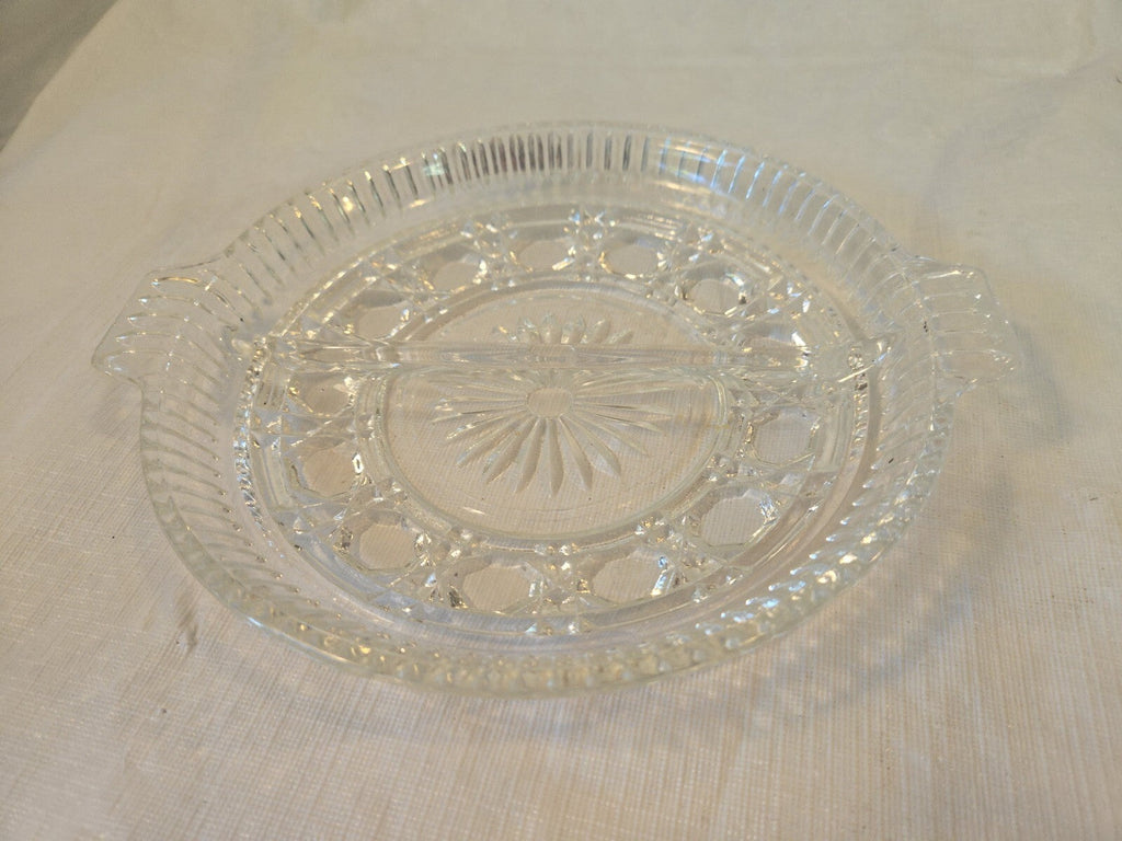 Vintage Clear Glass Round Divided Nut, Candy or Relish Dish w/ Two Handles