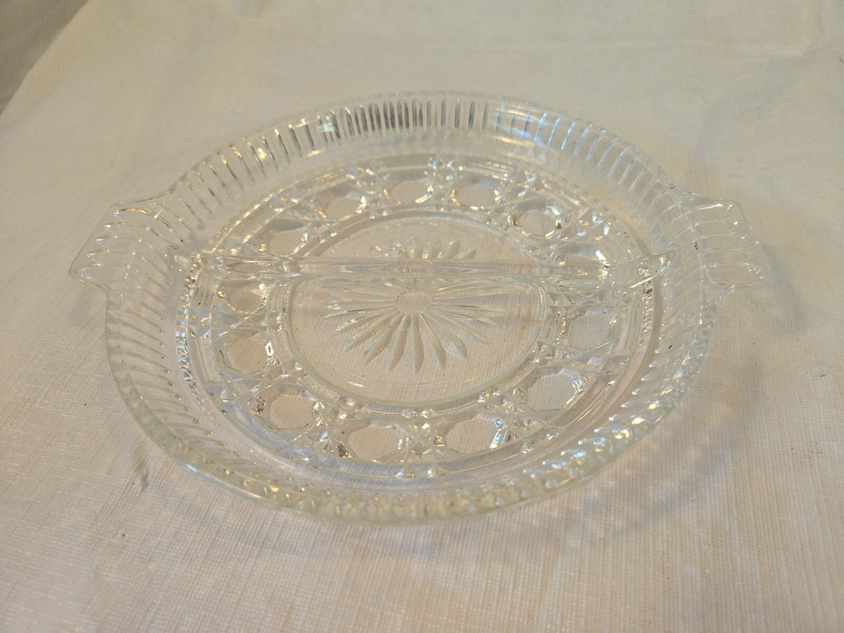 Vintage Clear Glass Round Divided Nut, Candy or Relish Dish w/ Two Handles