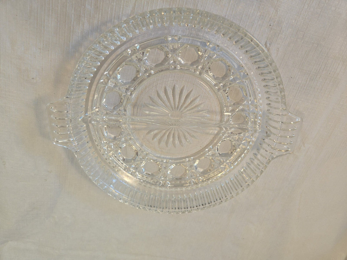 Vintage Clear Glass Round Divided Nut, Candy or Relish Dish w/ Two Handles