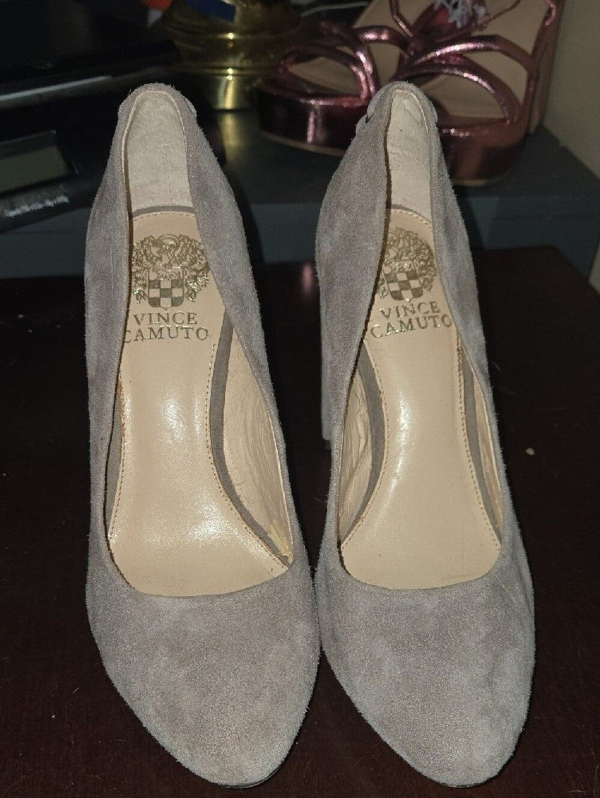 Vince Camuto Taupe Suede Block Heel Pumps