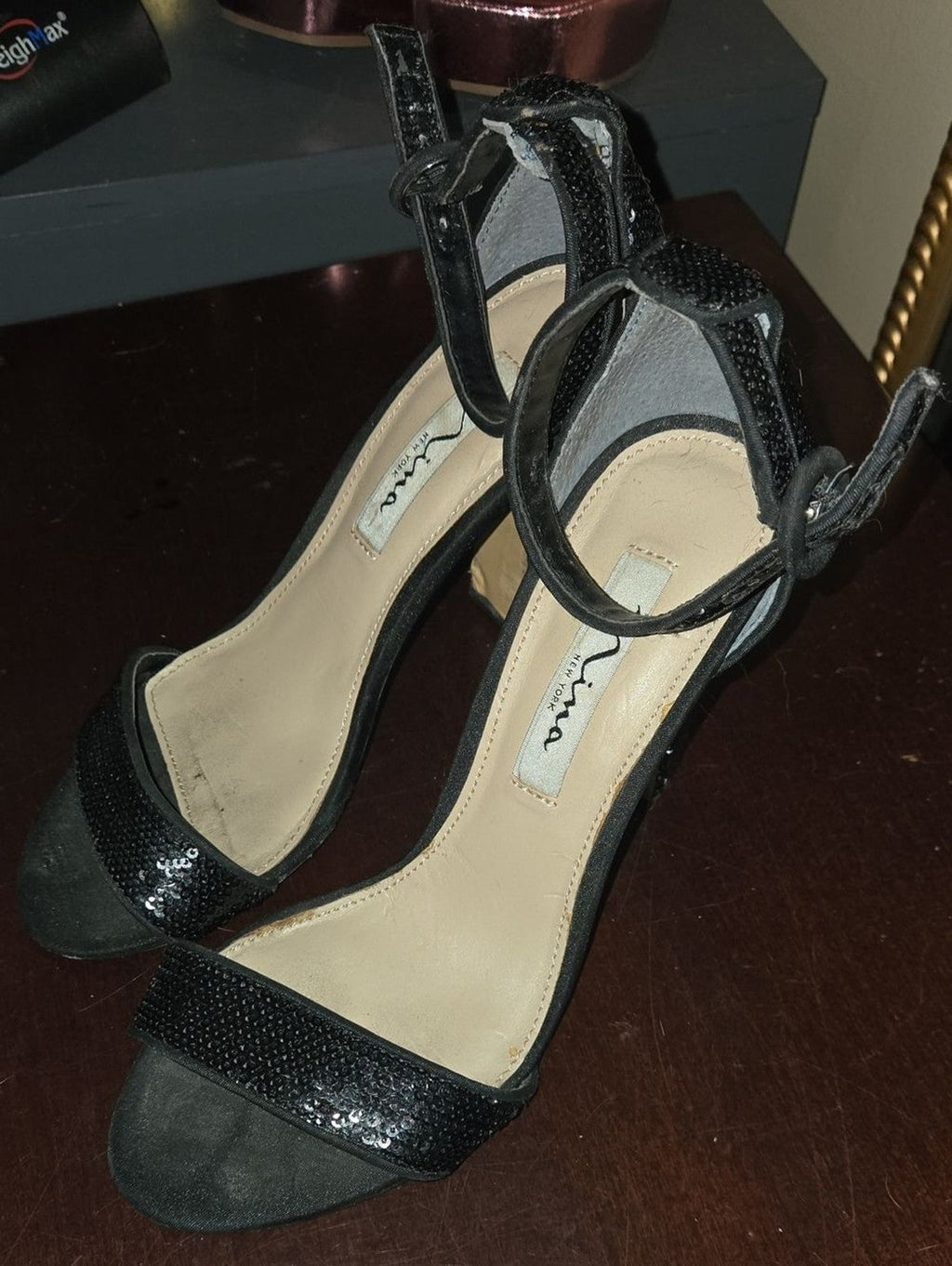 Nina Black Sequin Ankle-Strap Heels