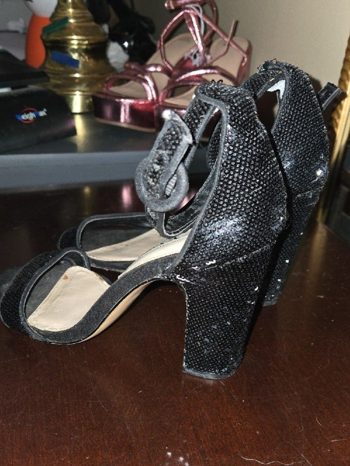 Nina Black Sequin Ankle-Strap Heels
