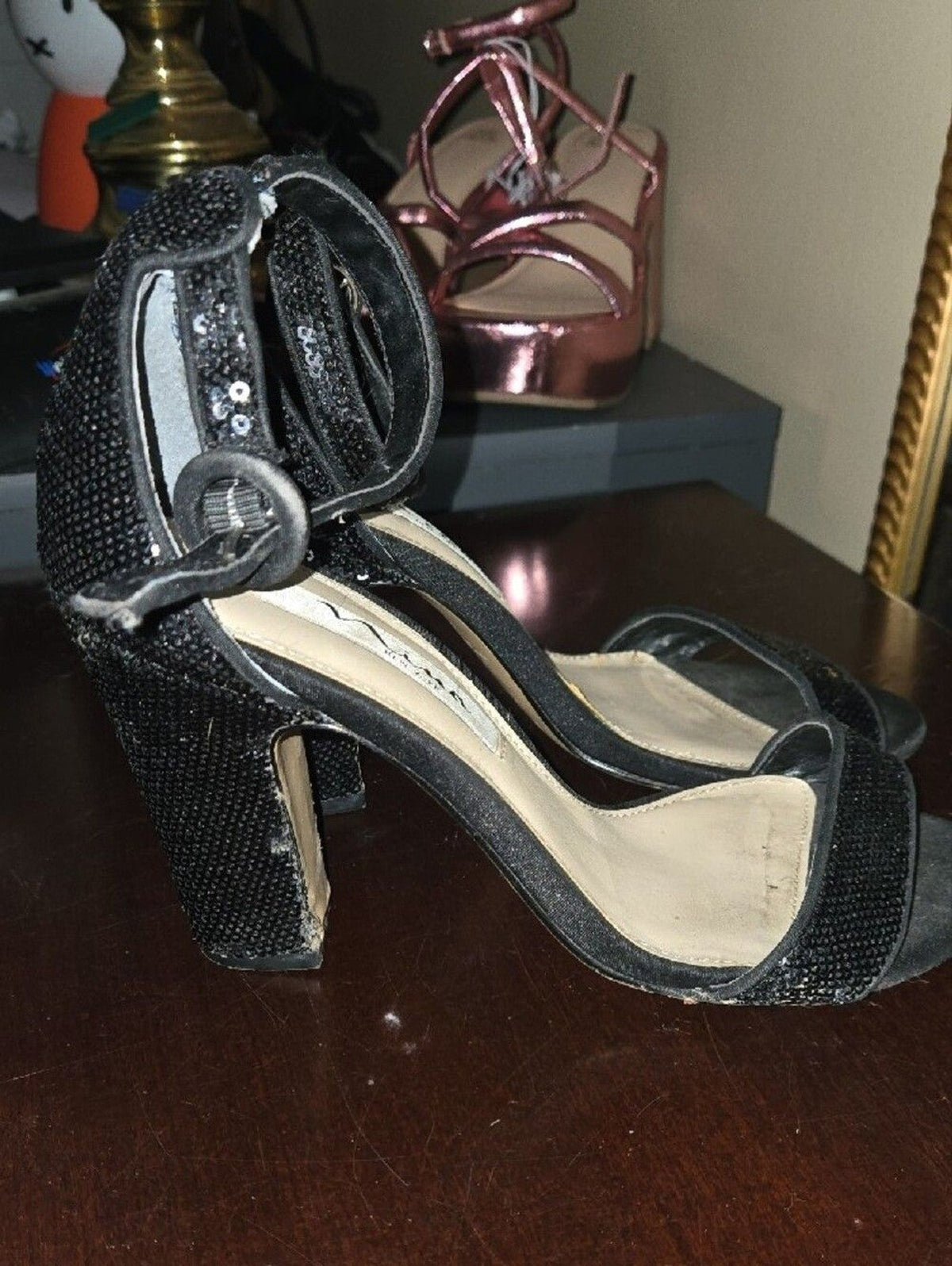 Nina Black Sequin Ankle-Strap Heels