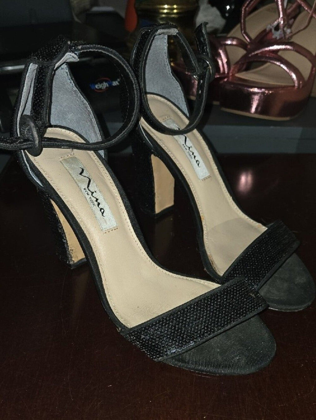 Nina Black Sequin Ankle-Strap Heels