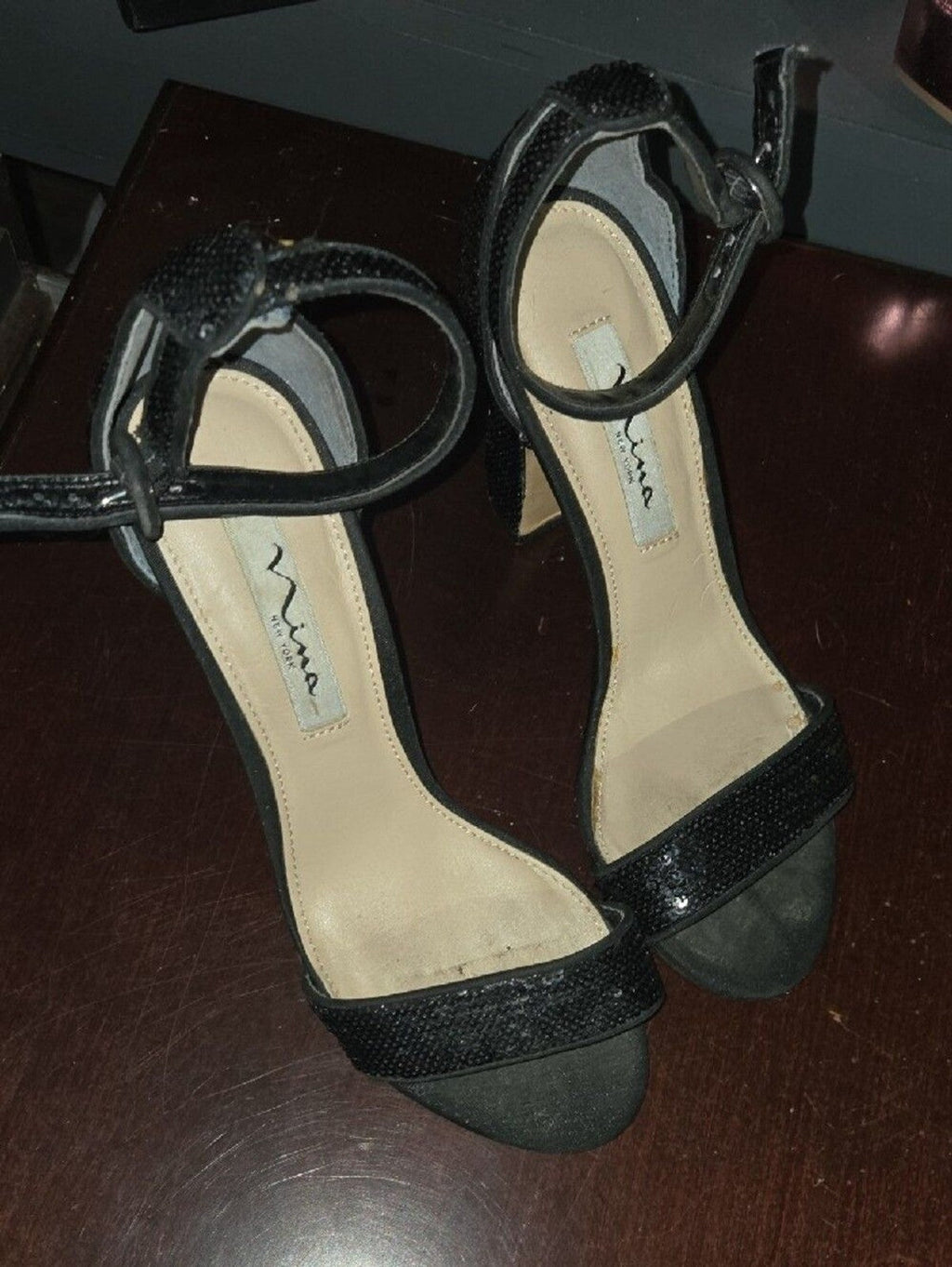 Nina Black Sequin Ankle-Strap Heels
