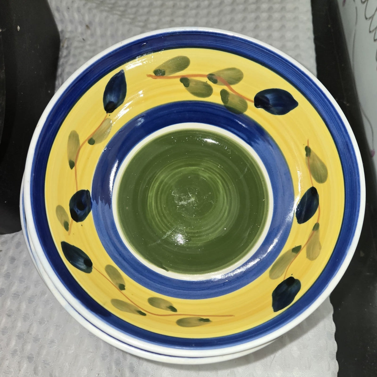 Alco Industries Hand Painted Pasta Bowl Yellow Blue Olive 8”