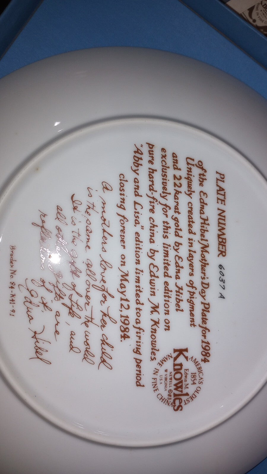 2 Edna Hibel Knowles Collector Mother's Day Plates 1984 and 1990, In Boxes w/COA