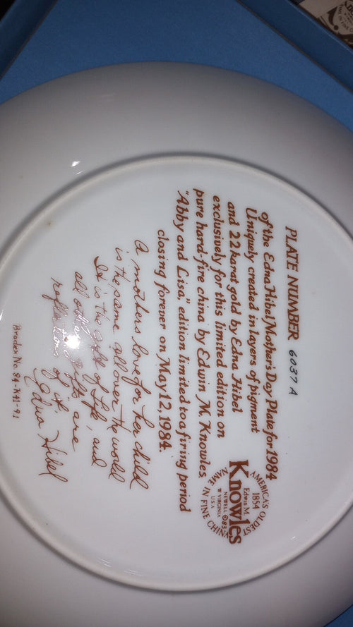 2 Edna Hibel Knowles Collector Mother's Day Plates 1984 and 1990, In Boxes w/COA