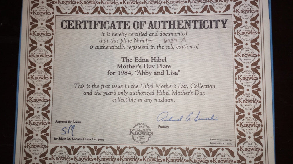 2 Edna Hibel Knowles Collector Mother's Day Plates 1984 and 1990, In Boxes w/COA