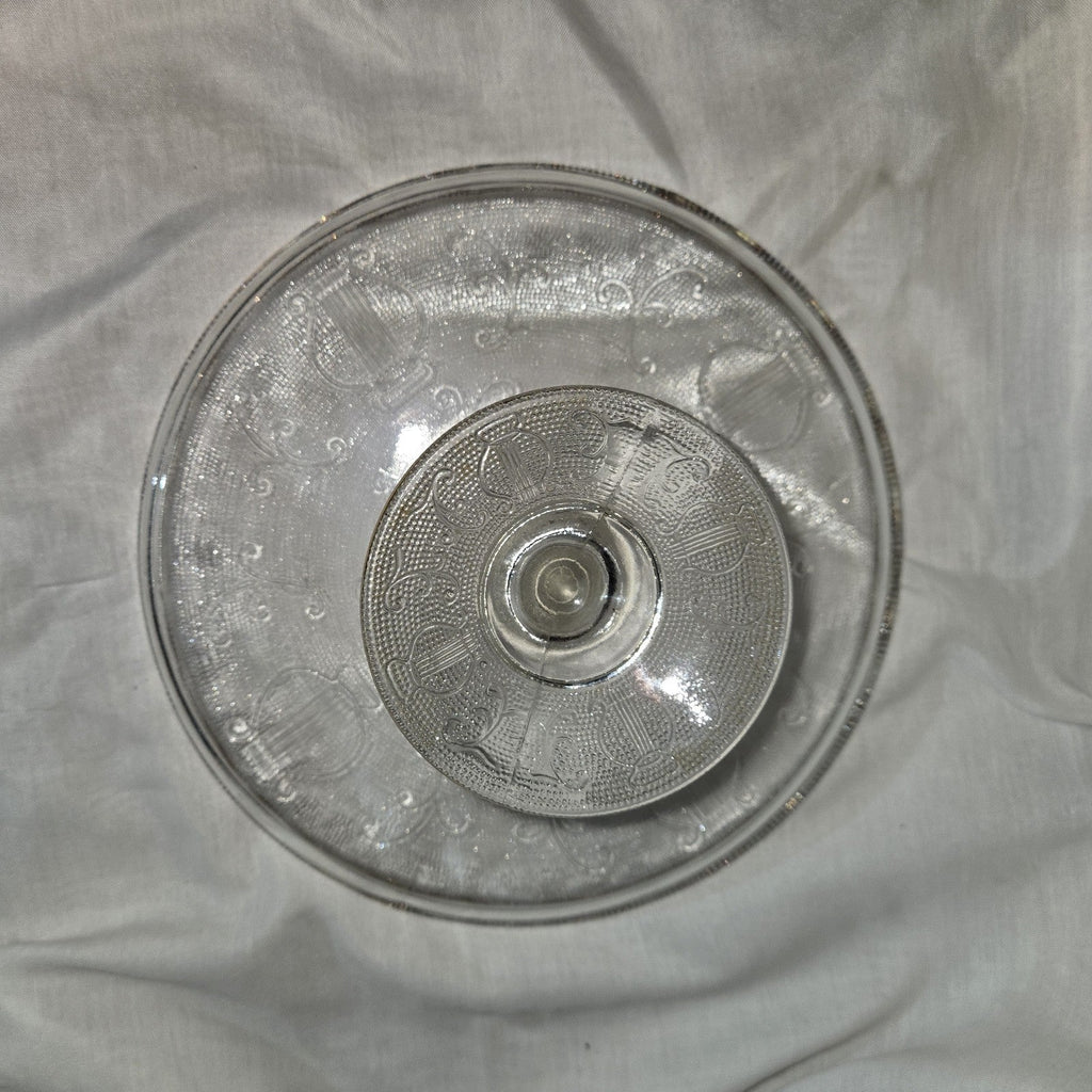 VINTAGE JEANETTE GLASS HARP DESIGN PEDESTAL CAKE STAND-22K GOLD TRIM-1950'S-NICE