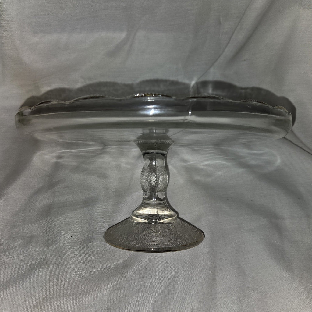 VINTAGE JEANETTE GLASS HARP DESIGN PEDESTAL CAKE STAND-22K GOLD TRIM-1950'S-NICE