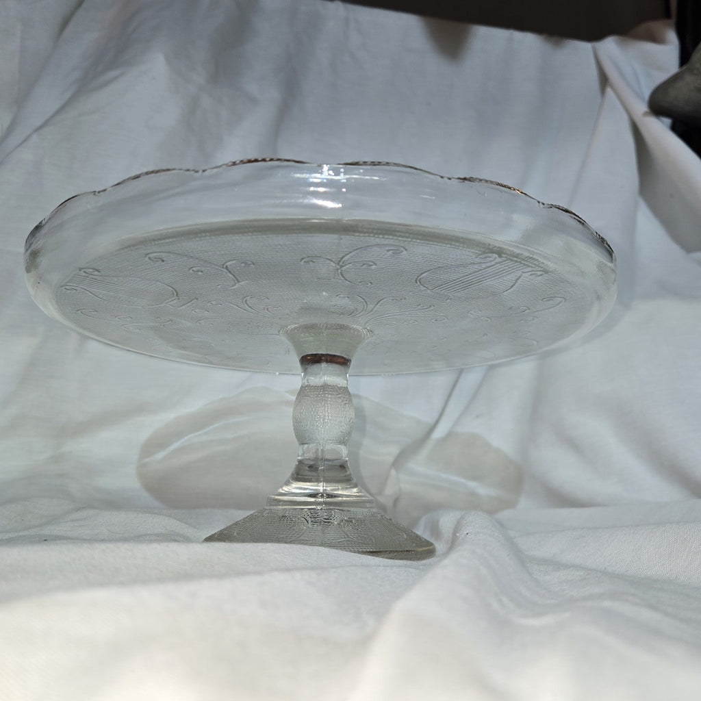 VINTAGE JEANETTE GLASS HARP DESIGN PEDESTAL CAKE STAND-22K GOLD TRIM-1950'S-NICE