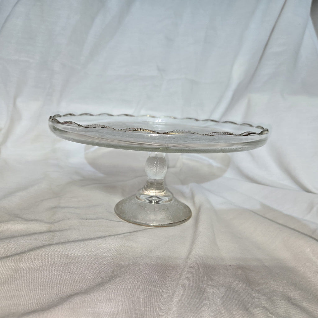 VINTAGE JEANETTE GLASS HARP DESIGN PEDESTAL CAKE STAND-22K GOLD TRIM-1950'S-NICE