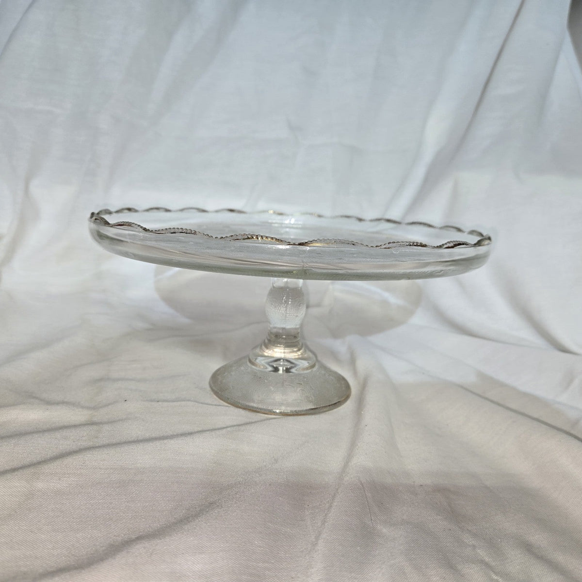 VINTAGE JEANETTE GLASS HARP DESIGN PEDESTAL CAKE STAND-22K GOLD TRIM-1950'S-NICE