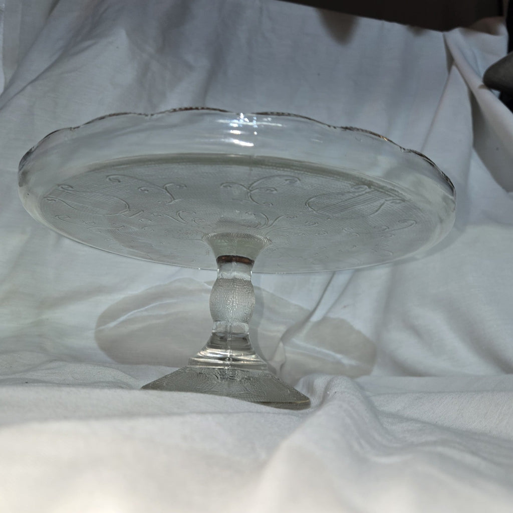 VINTAGE JEANETTE GLASS HARP DESIGN PEDESTAL CAKE STAND-22K GOLD TRIM-1950'S-NICE