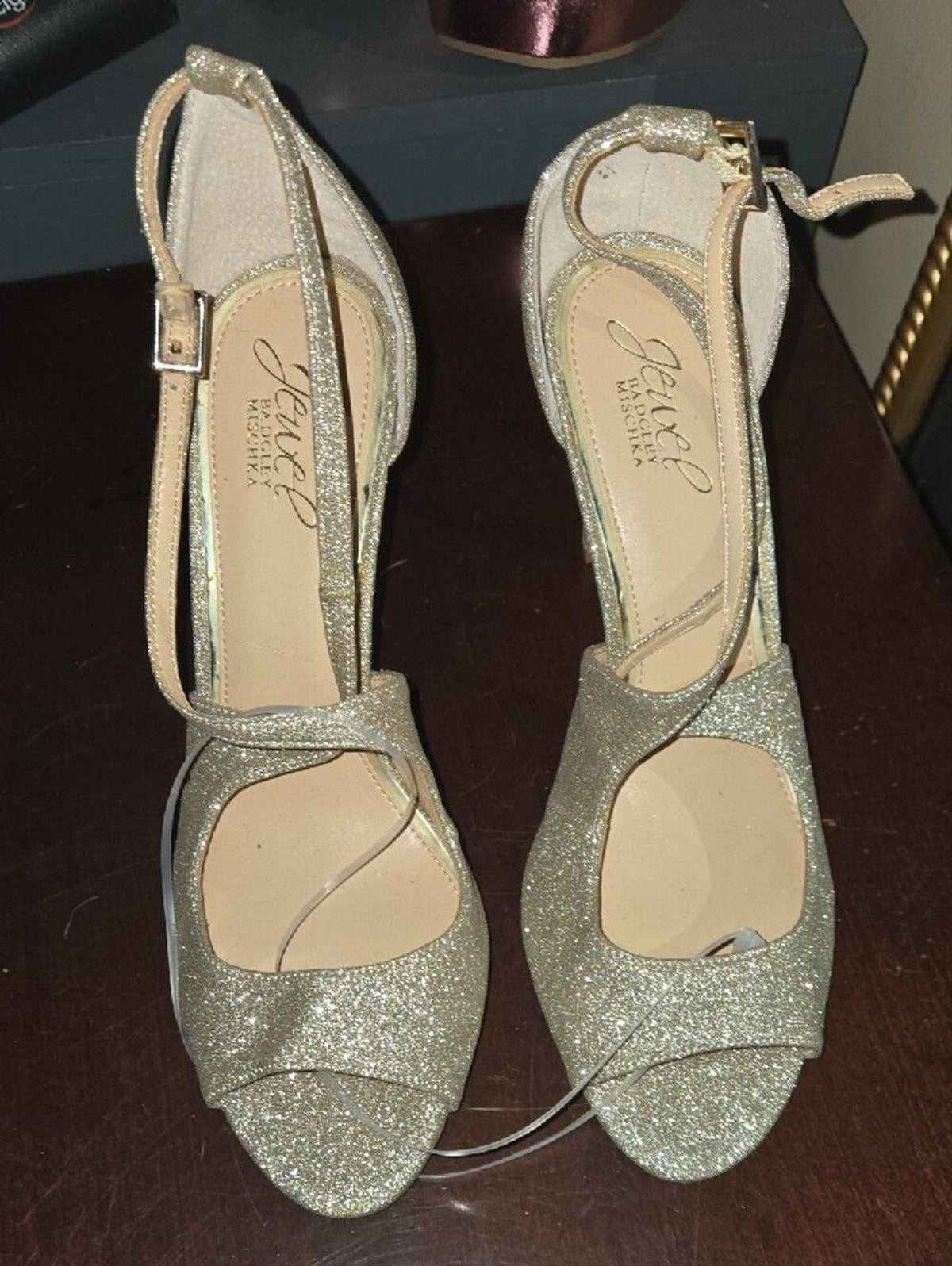 Jewel Badgley Mischka Gold Glitter Strap Stiletto Heels