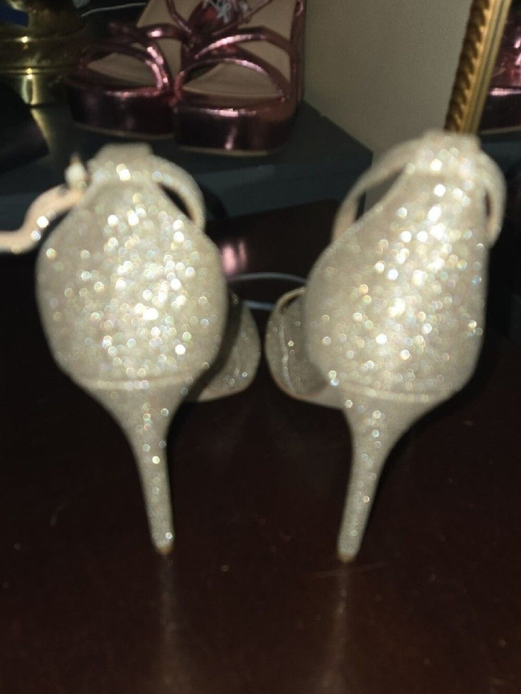 Jewel Badgley Mischka Gold Glitter Strap Stiletto Heels