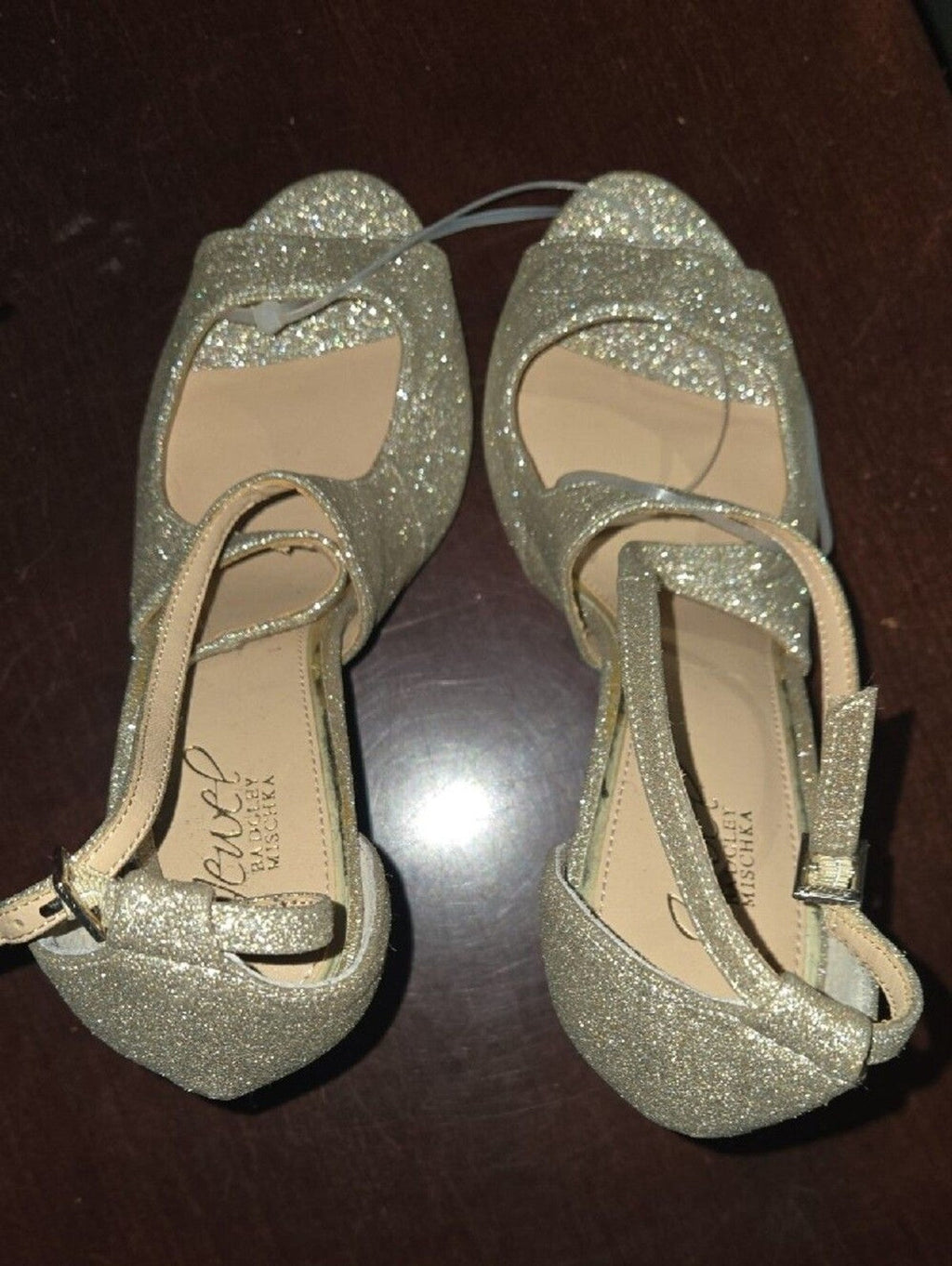 Jewel Badgley Mischka Gold Glitter Strap Stiletto Heels
