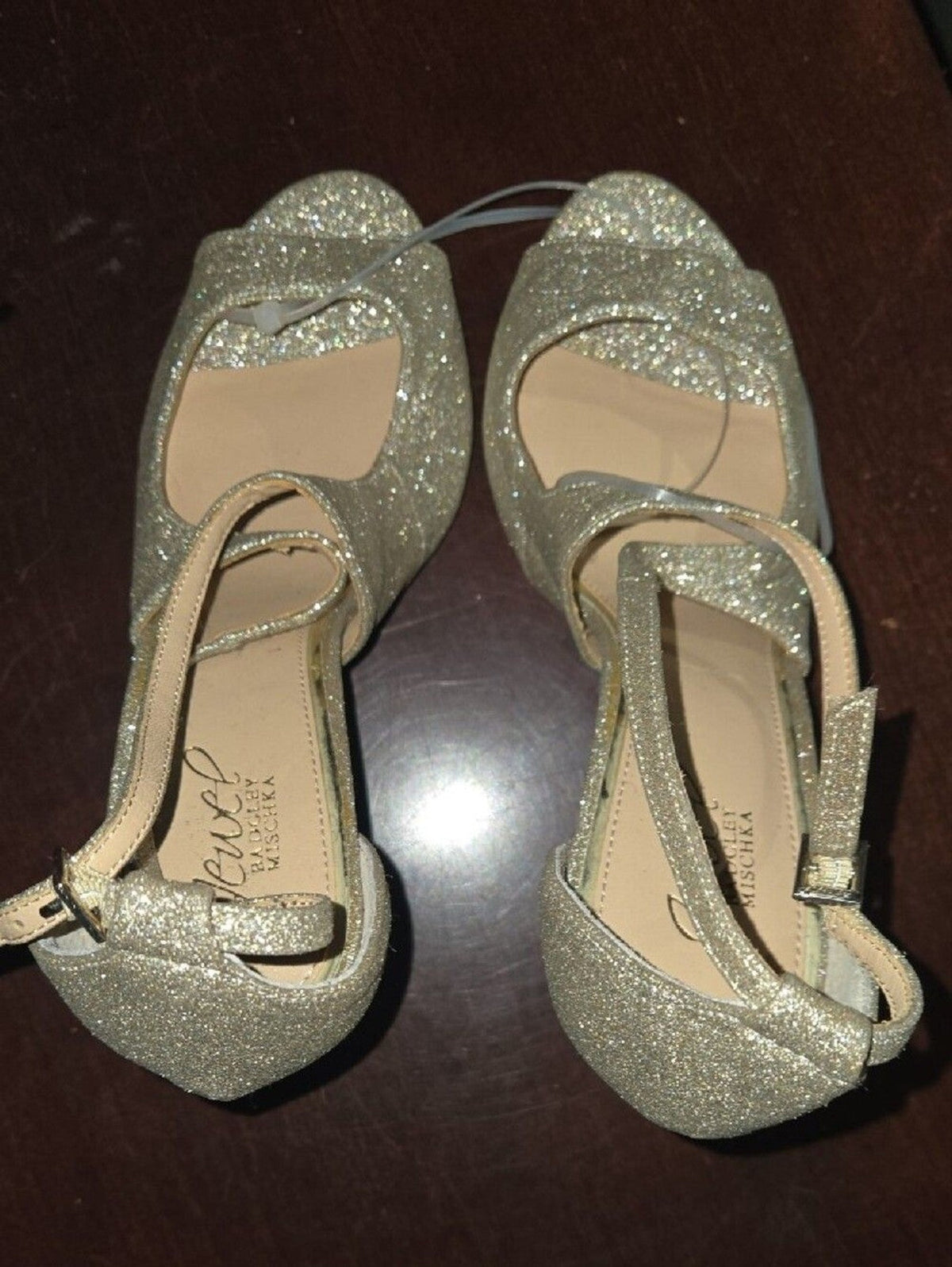 Jewel Badgley Mischka Gold Glitter Strap Stiletto Heels