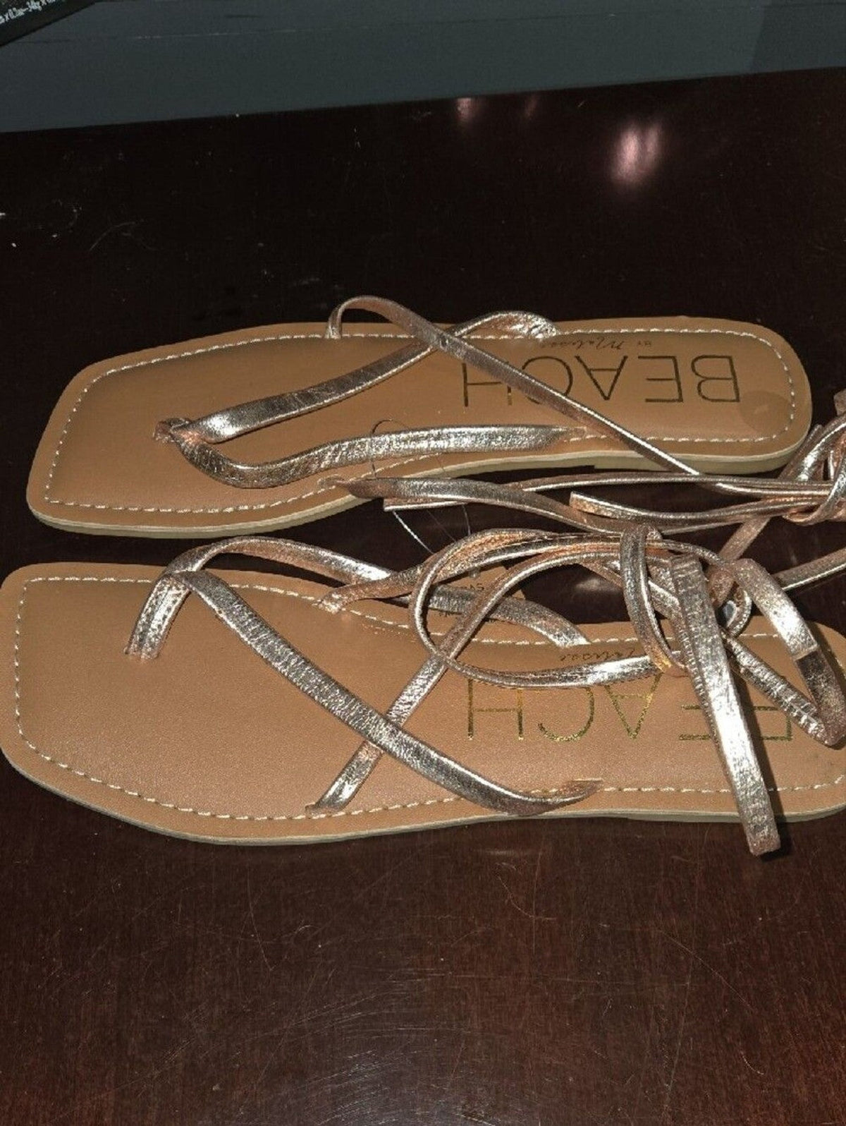 BEACH Rose Gold Wrap Tie Flat Sandals