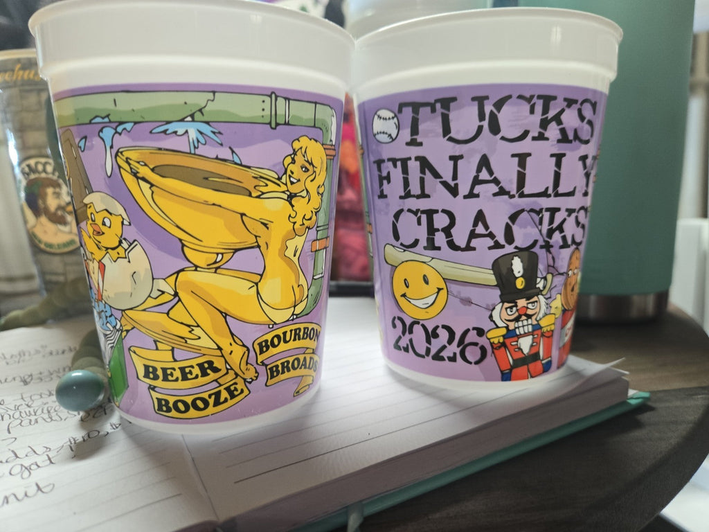 2026 KREWE OF TUCKS LOT OF 2 "TUCKS FINALLY CRACKS" REUSABLE MARDI GRAS CUPS