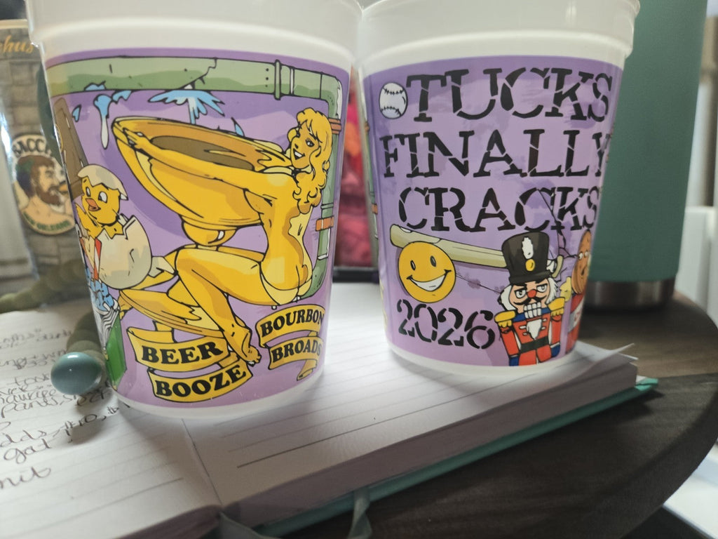 2026 KREWE OF TUCKS LOT OF 2 "TUCKS FINALLY CRACKS" REUSABLE MARDI GRAS CUPS