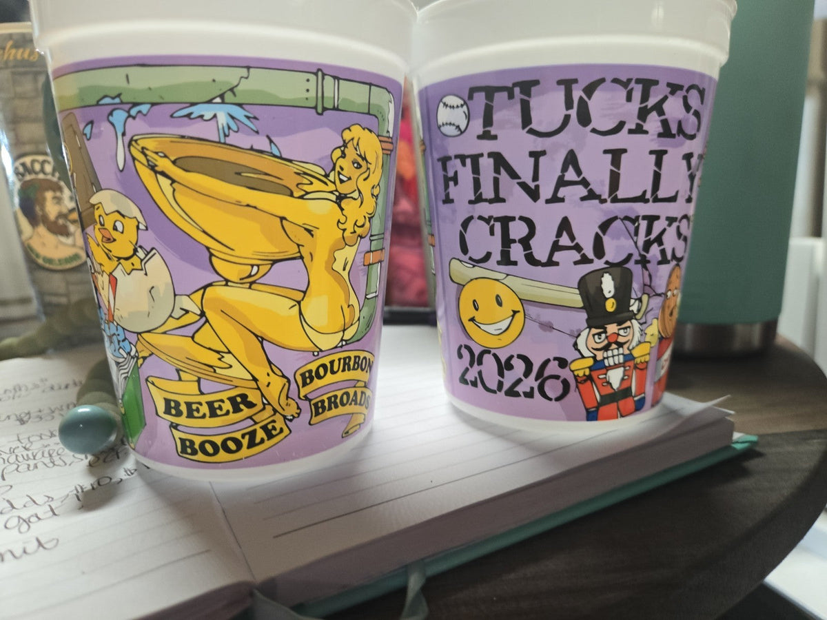 2026 KREWE OF TUCKS LOT OF 2 "TUCKS FINALLY CRACKS" REUSABLE MARDI GRAS CUPS