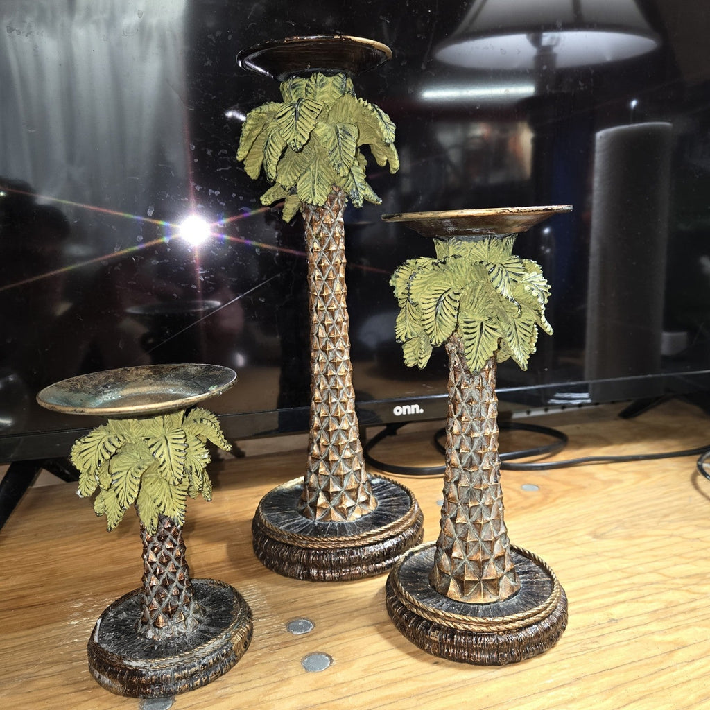 Vintage Palm Tree Resin Candlestick Holders Set Of 3