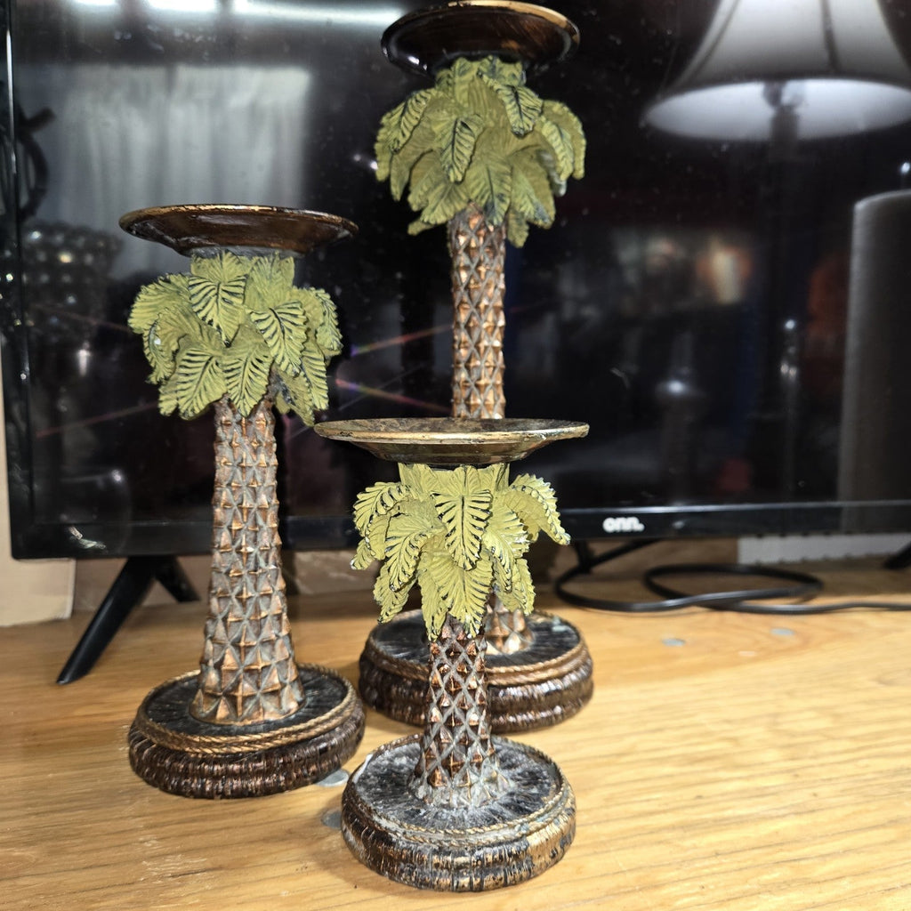 Vintage Palm Tree Resin Candlestick Holders Set Of 3