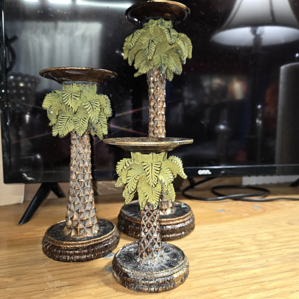 Vintage Palm Tree Resin Candlestick Holders Set Of 3