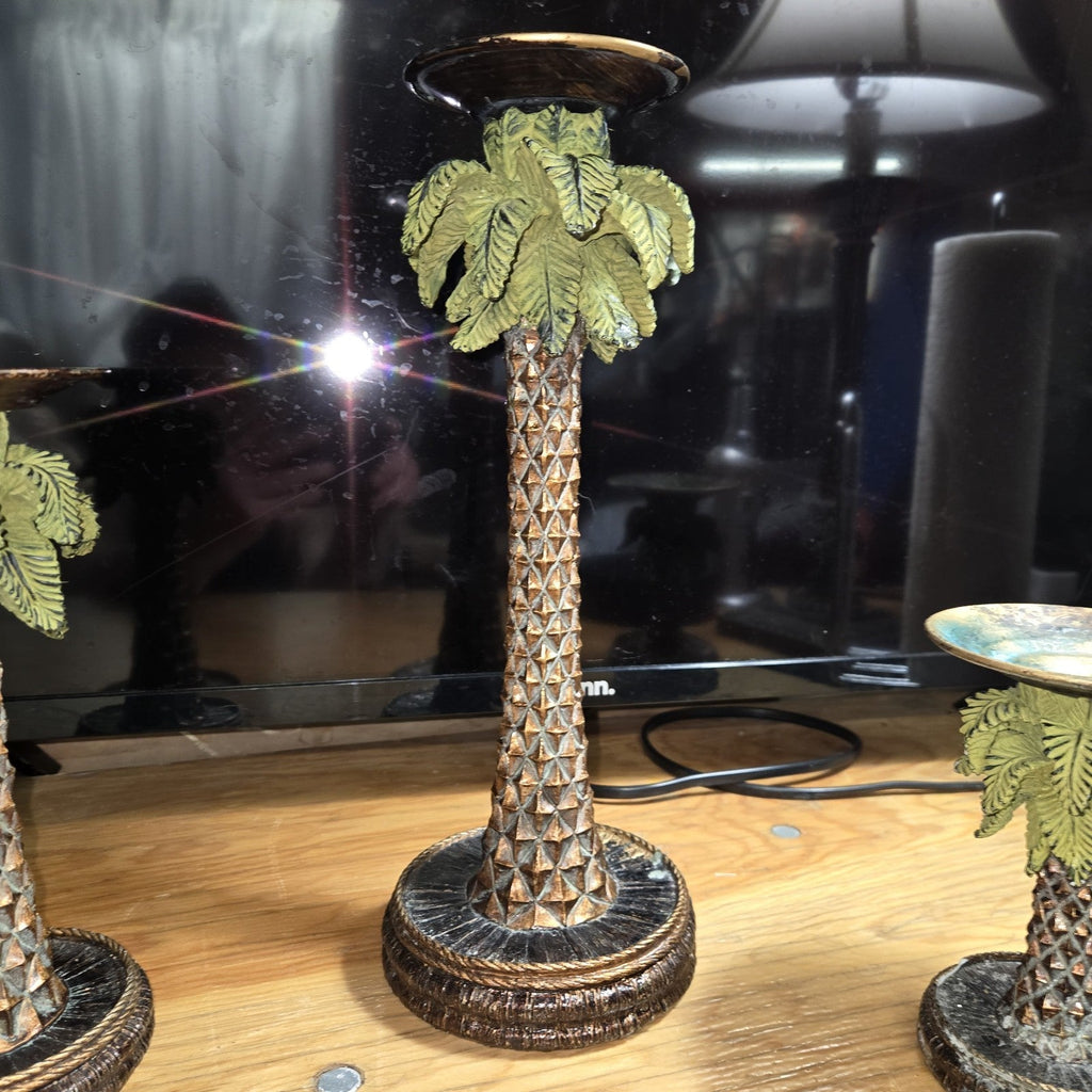 Vintage Palm Tree Resin Candlestick Holders Set Of 3