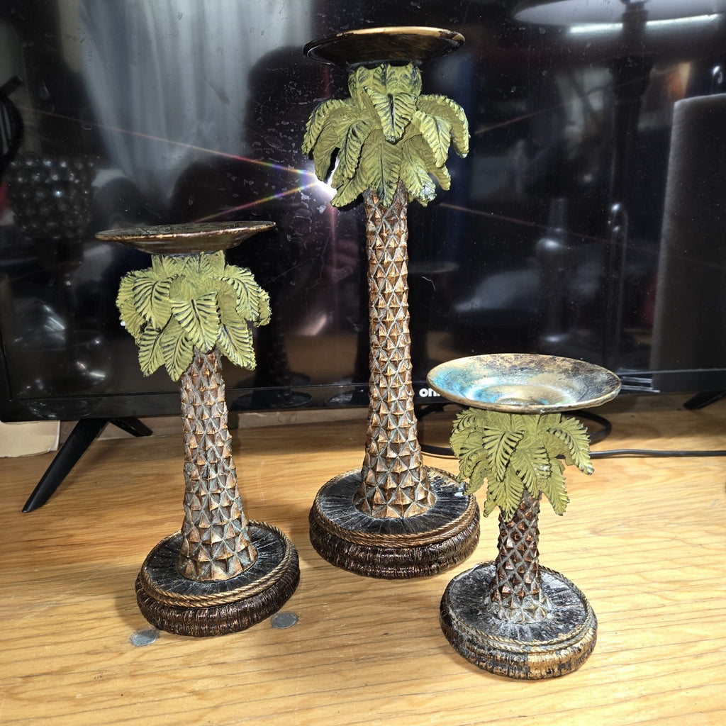 Vintage Palm Tree Resin Candlestick Holders Set Of 3
