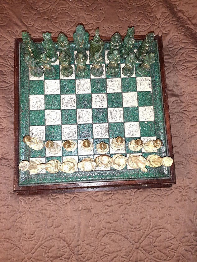 Vintage Antique Maya vs. Spanish Conquistadors Chess Set