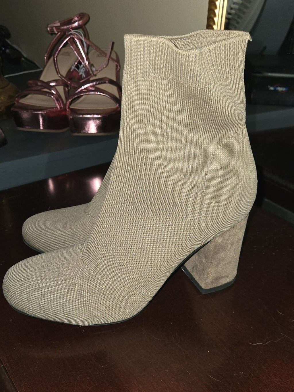 MIA Taupe Knit Sock Boots with Block Heel