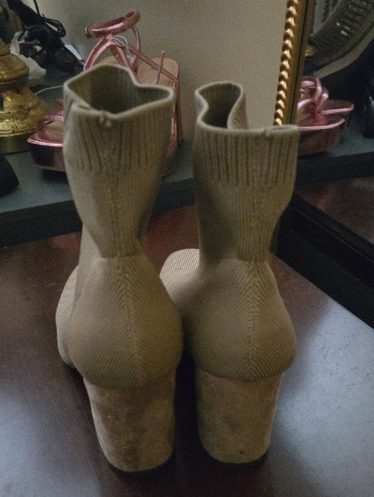 MIA Taupe Knit Sock Boots with Block Heel