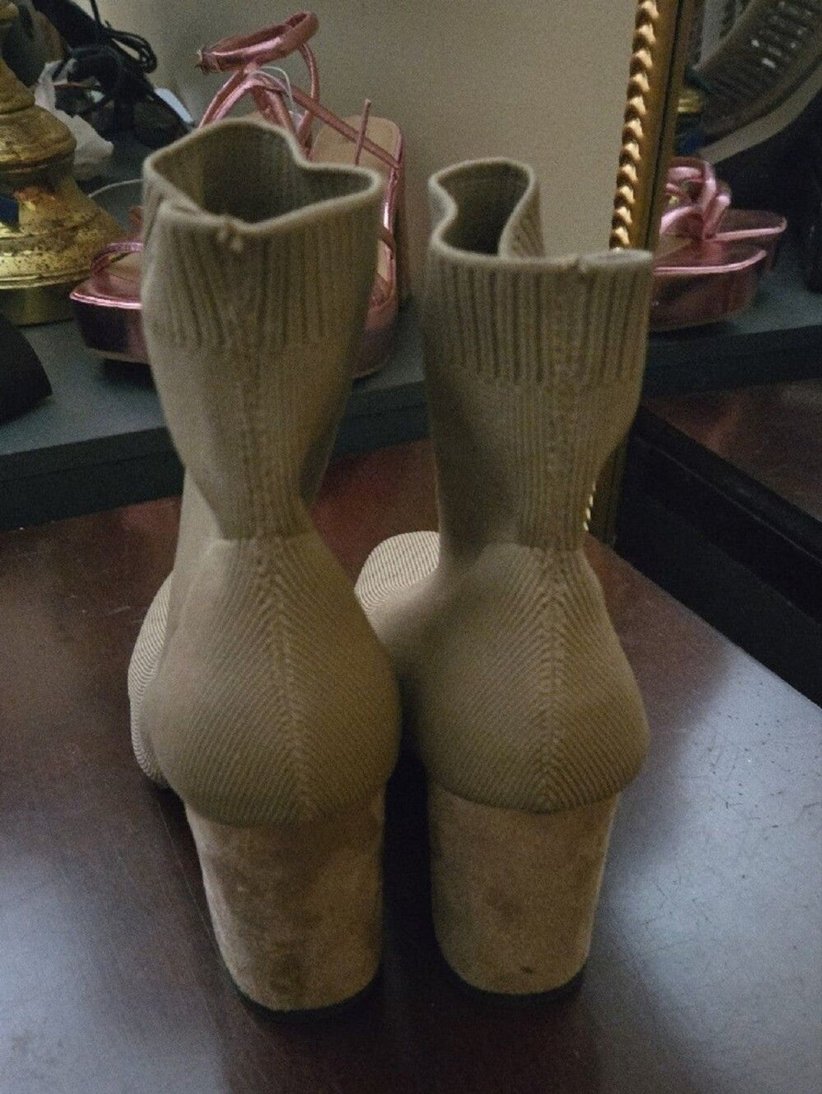 MIA Taupe Knit Sock Boots with Block Heel