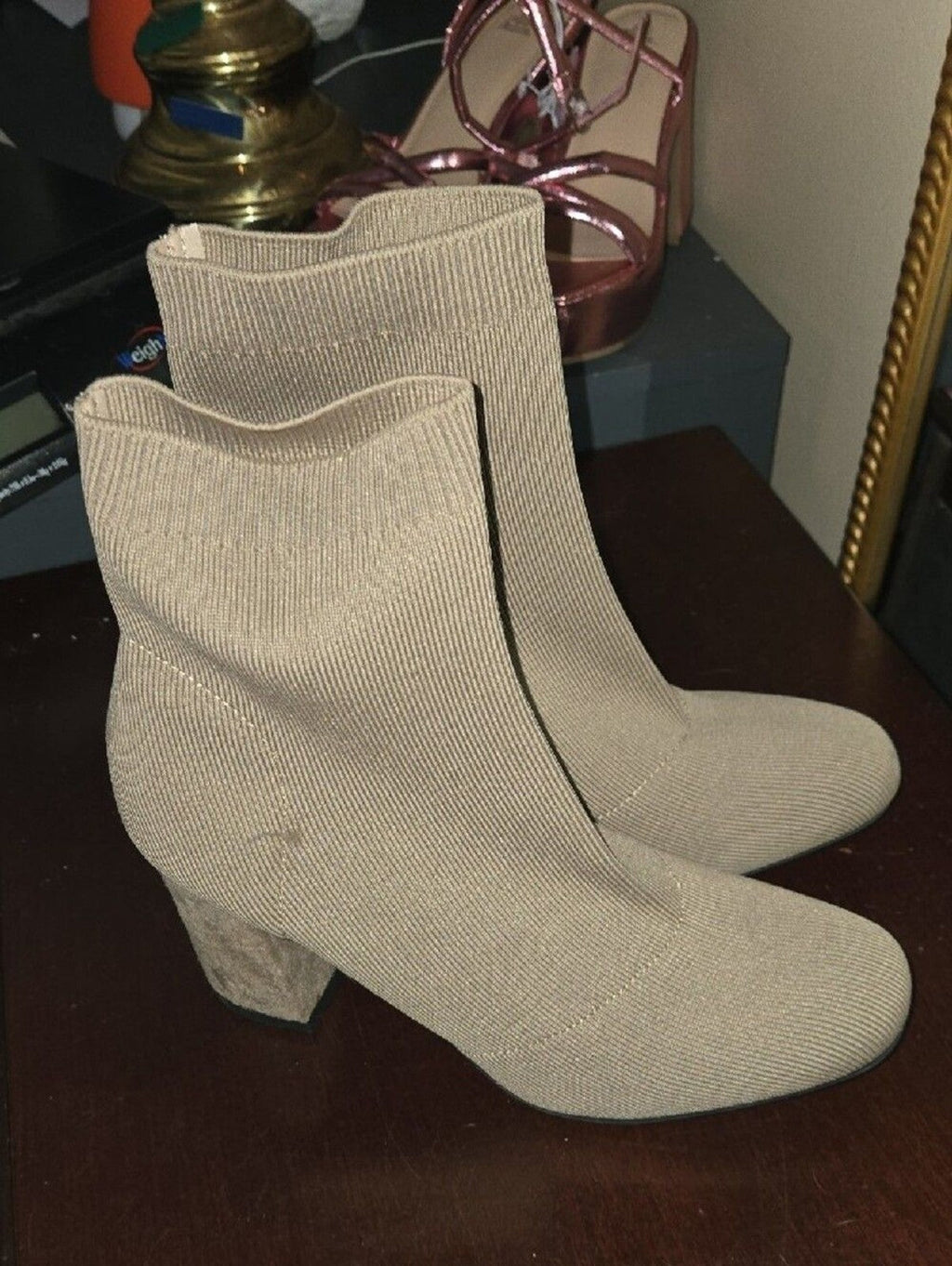 MIA Taupe Knit Sock Boots with Block Heel