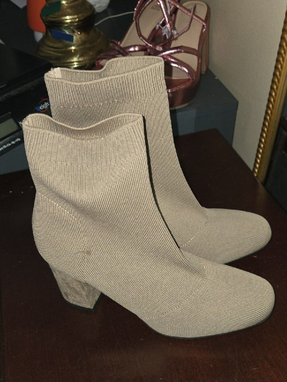 MIA Taupe Knit Sock Boots with Block Heel