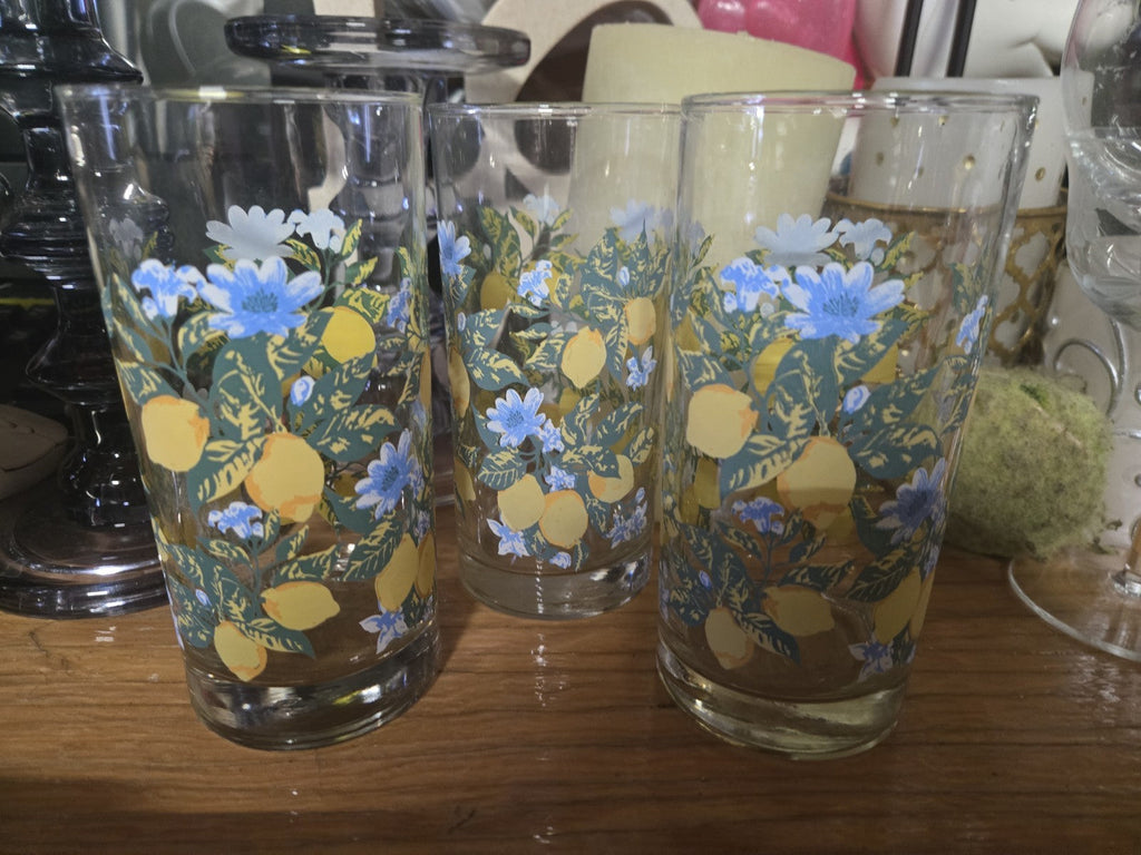 Royal Norfolk Set Of 3 "lemon Floral" 16 Oz. Tall Iced Tea Glasses.