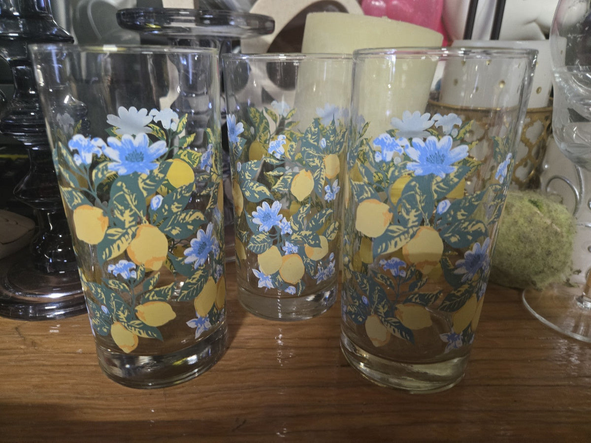 Royal Norfolk Set Of 3 "lemon Floral" 16 Oz. Tall Iced Tea Glasses.