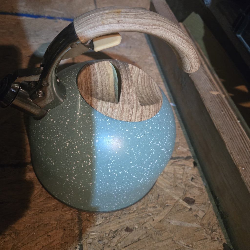 Solustre Whistling Tea Kettle Blue Stovetop Wooden Handle 2L Stainless Steel