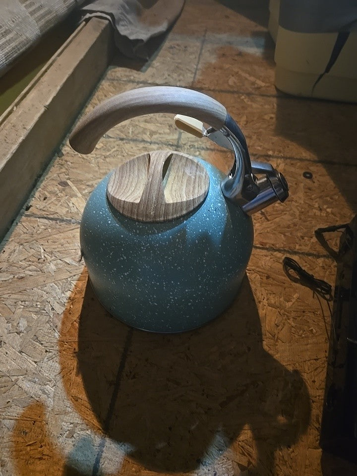 Solustre Whistling Tea Kettle Blue Stovetop Wooden Handle 2L Stainless Steel