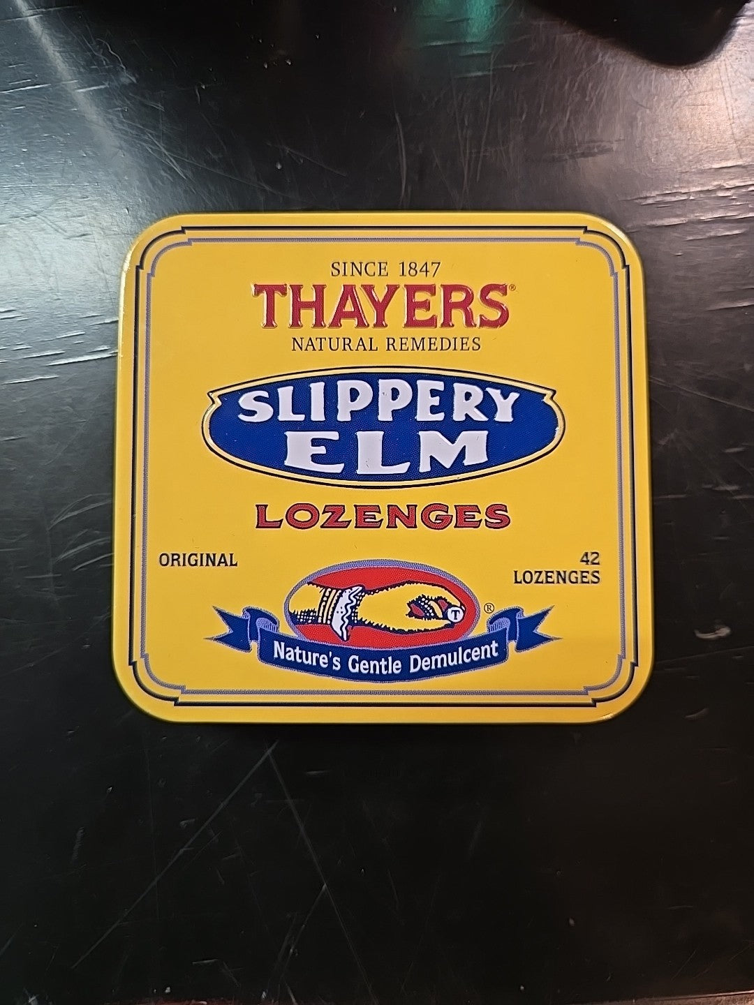 Thayers Slippery Elm Lozenges Tin COLLECTIBLE Tangerine