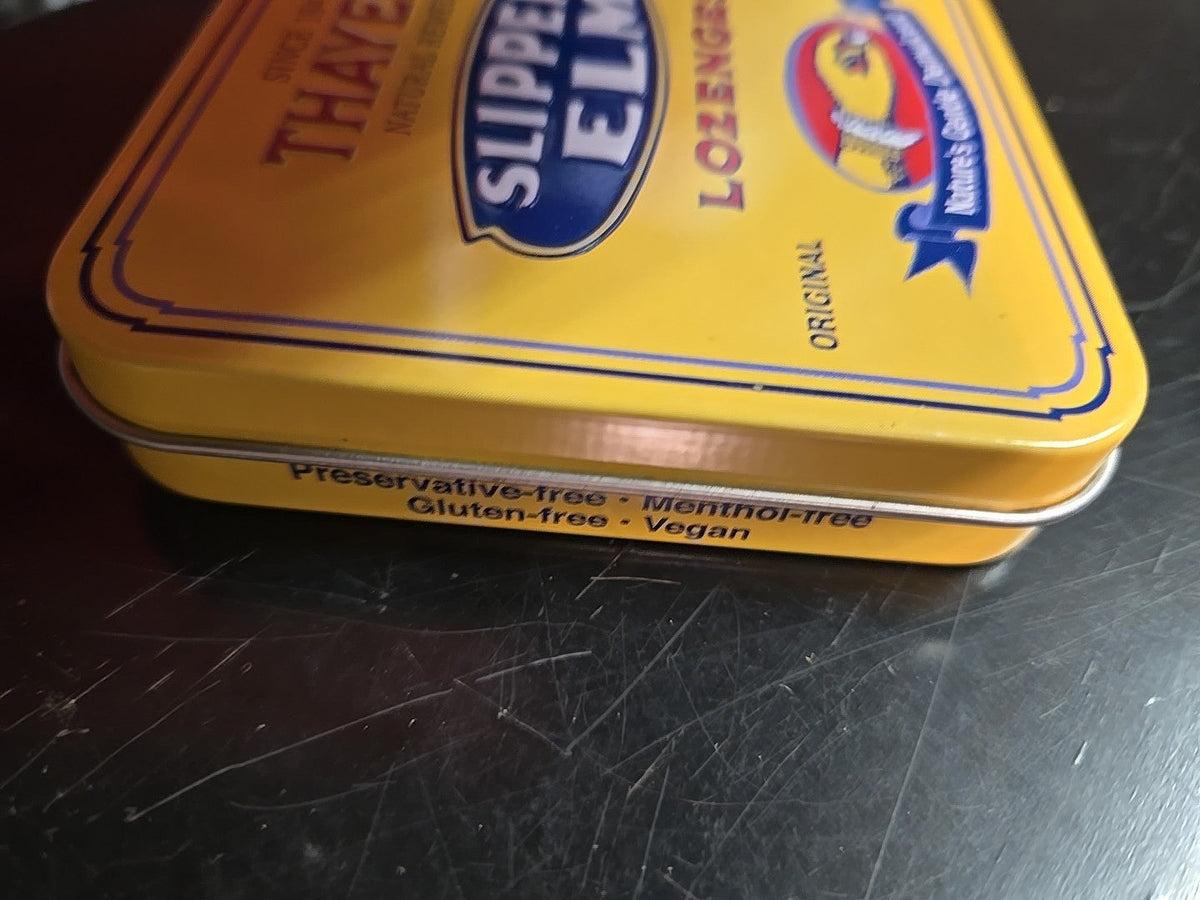 Thayers Slippery Elm Lozenges Tin COLLECTIBLE Tangerine