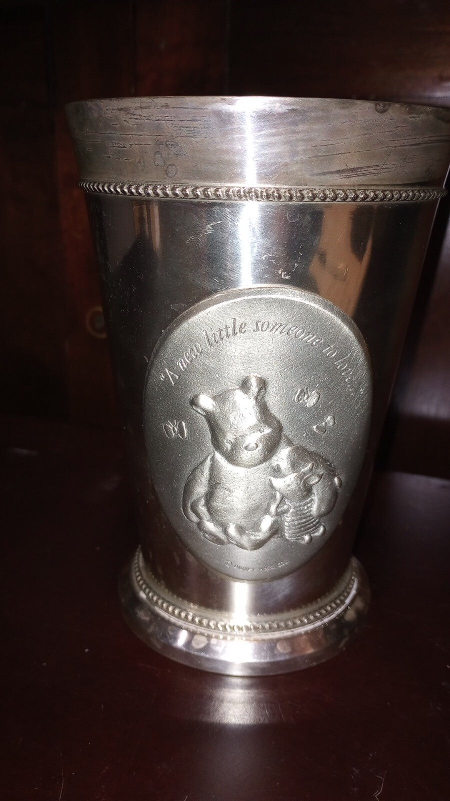 Winnie the Pooh metal vase w “New little someone to Love” medallion 6” H 4” D