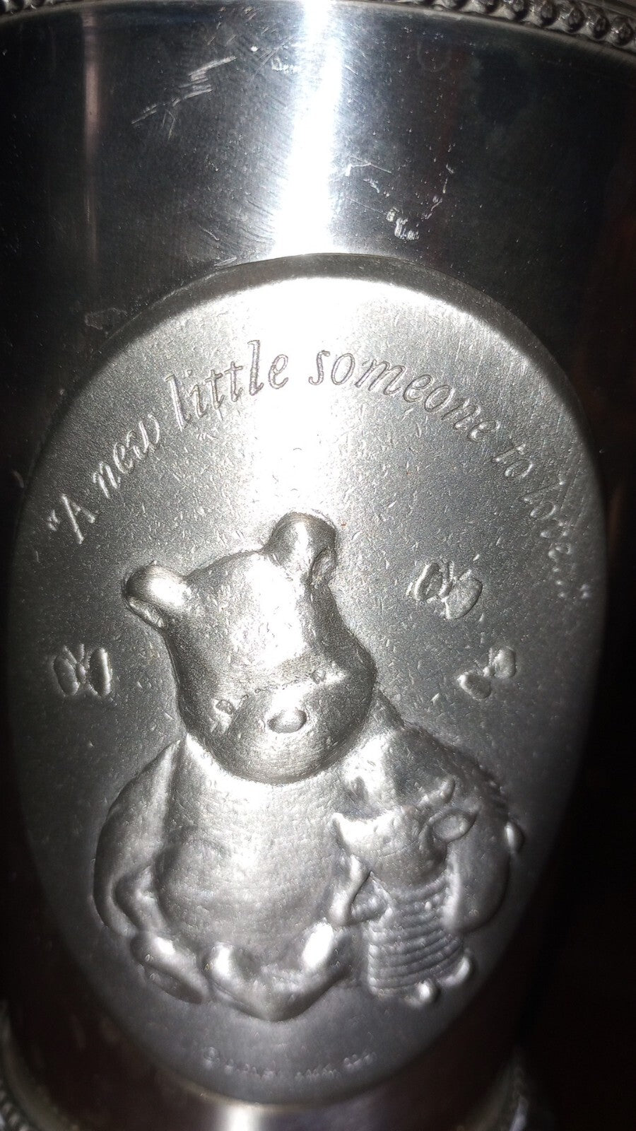 Winnie the Pooh metal vase w “New little someone to Love” medallion 6” H 4” D