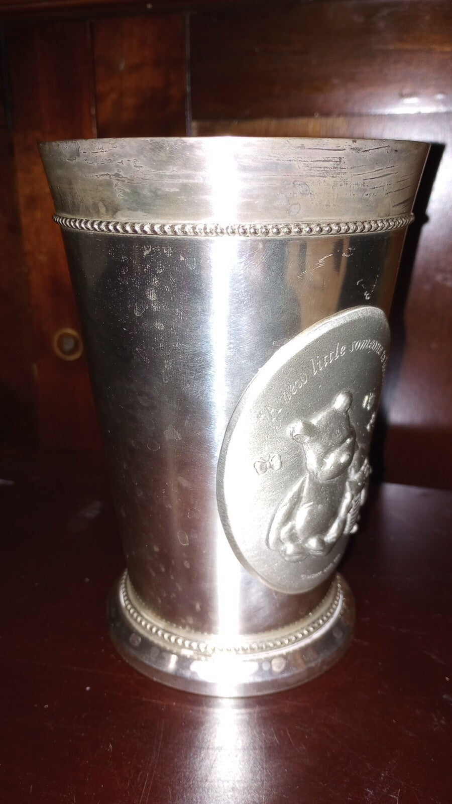 Winnie the Pooh metal vase w “New little someone to Love” medallion 6” H 4” D