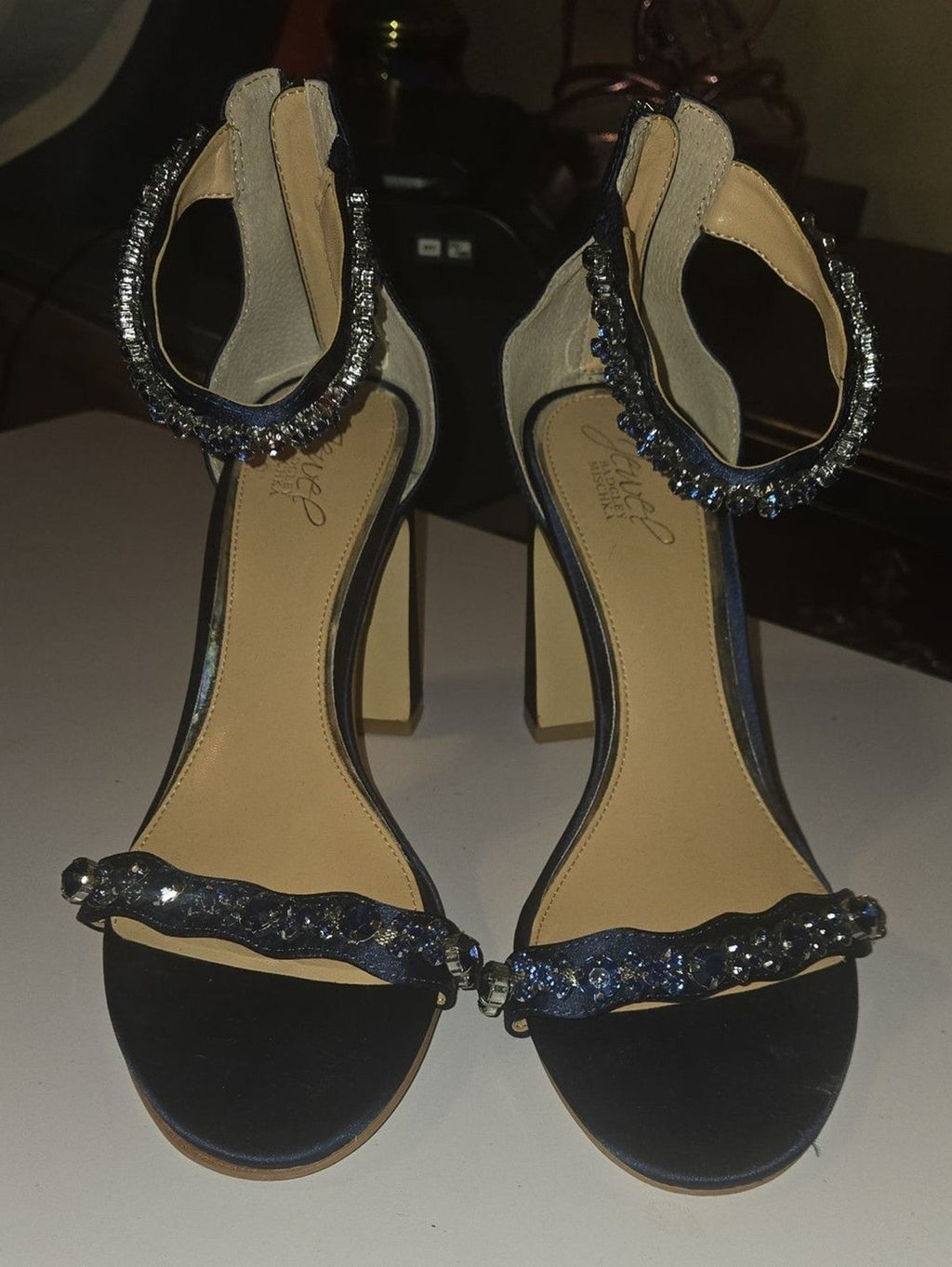 Jewel Badgley Mischka Navy Crystal-Ankle Strap Block Heels