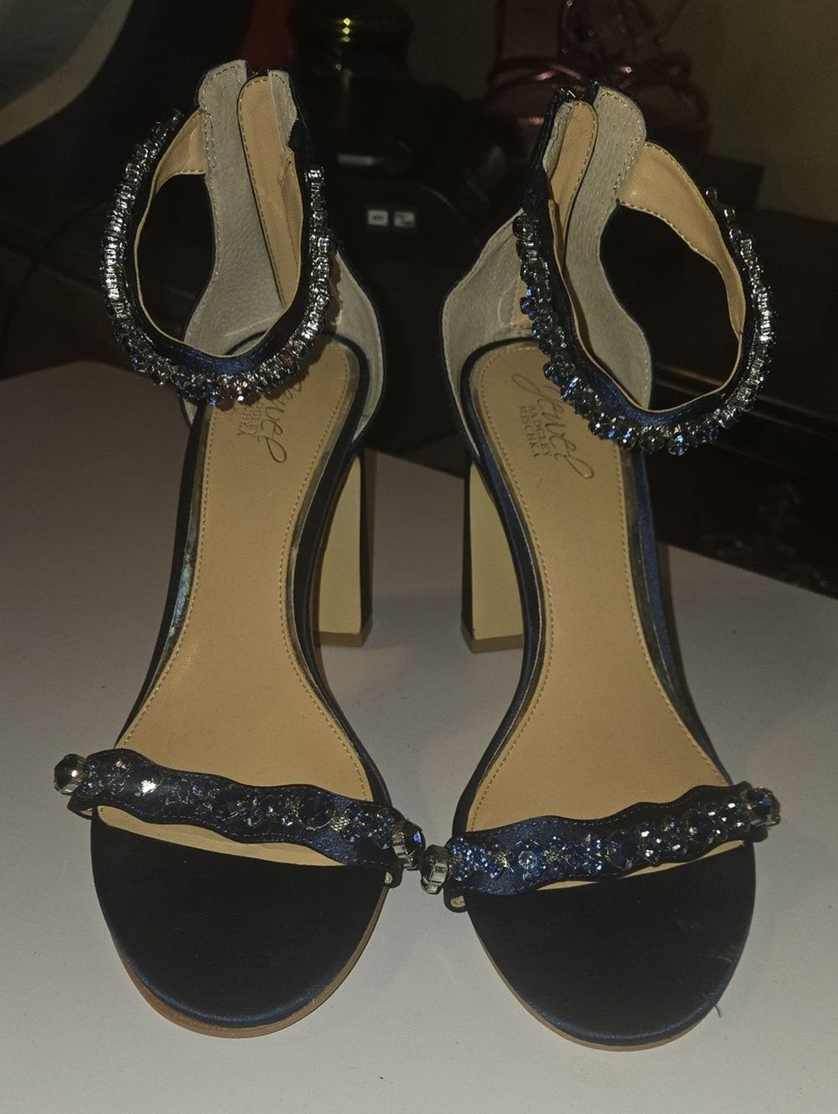 Jewel Badgley Mischka Navy Crystal-Ankle Strap Block Heels
