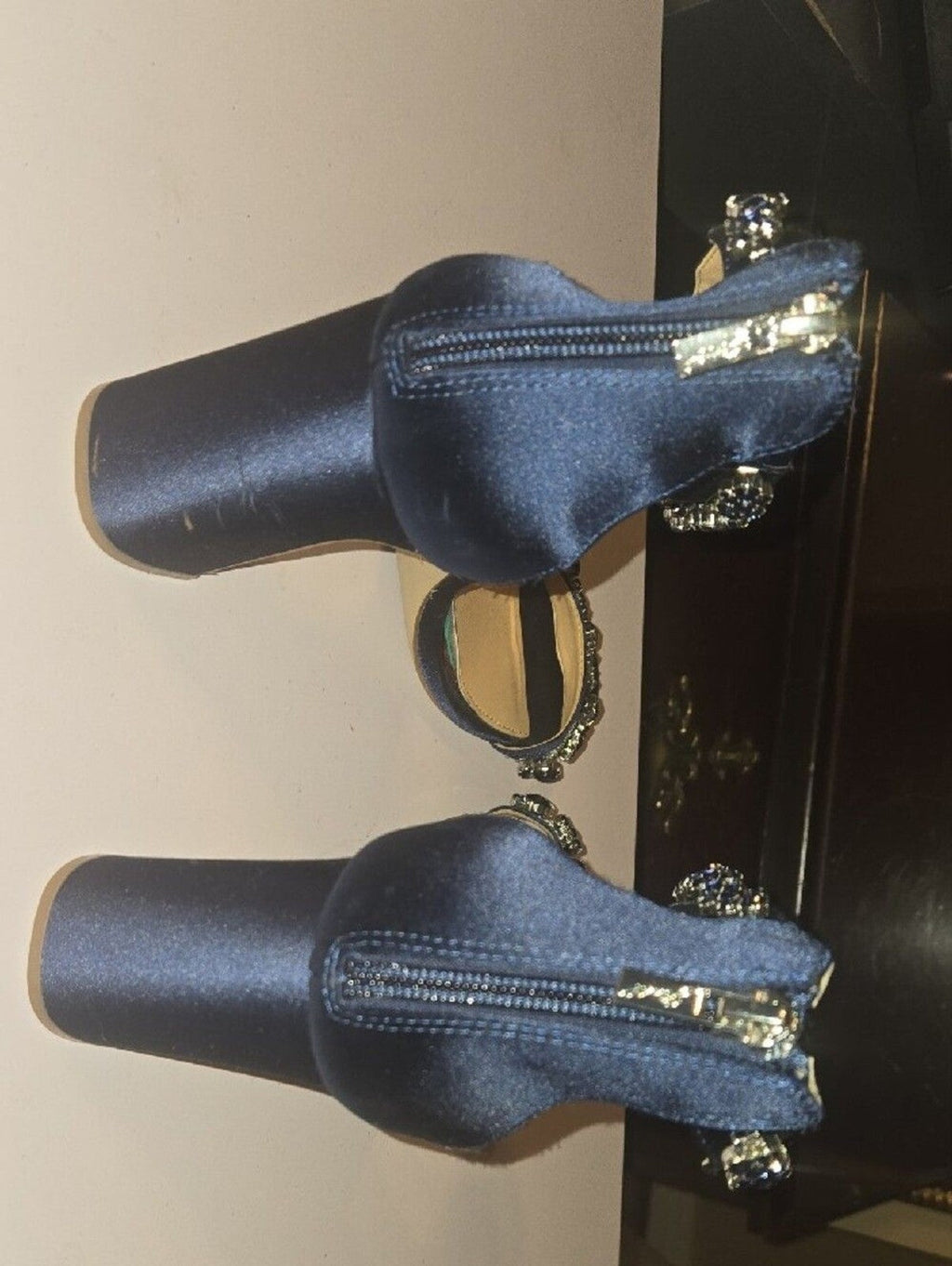 Jewel Badgley Mischka Navy Crystal-Ankle Strap Block Heels
